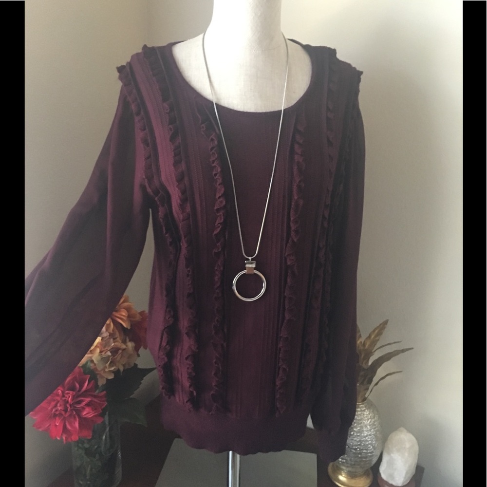 WHBM burgundy sheer sleeve ruffle front sweater ❤️
